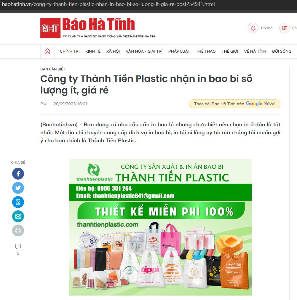 Báo Hà Tĩnh có bài về Thành Tiến Plastic
