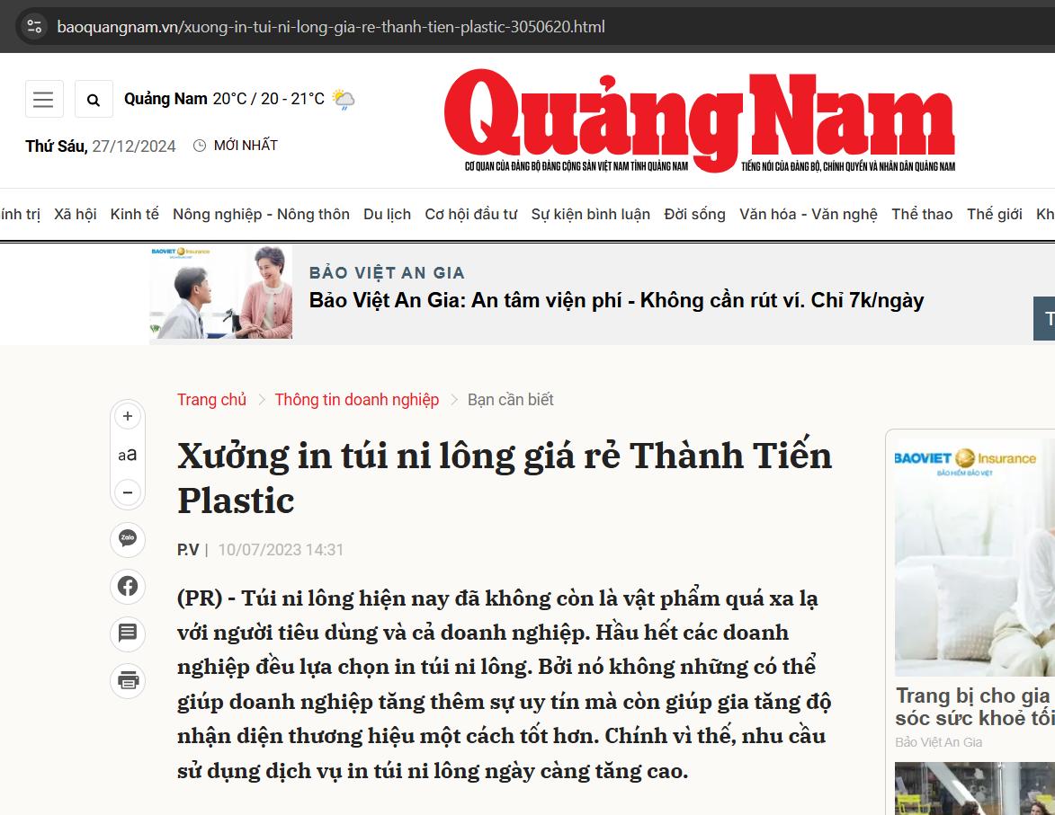 Báo Quảng Nam đưa tin về Thành Tiến Plastic