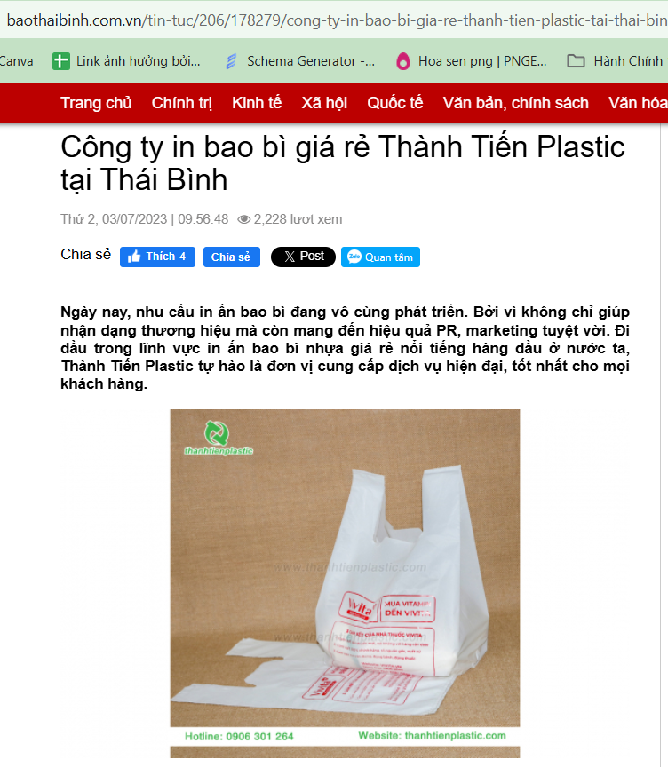 Báo Thái Bình đưa bài về Thành Tiến Plastic