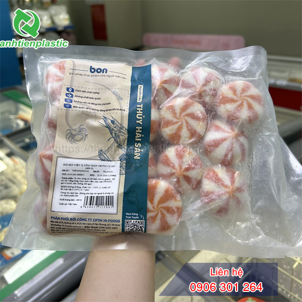 Bao bì đựng tôm viên chiên hút chân không chất liệu PA/PE thiết kế đơn giản