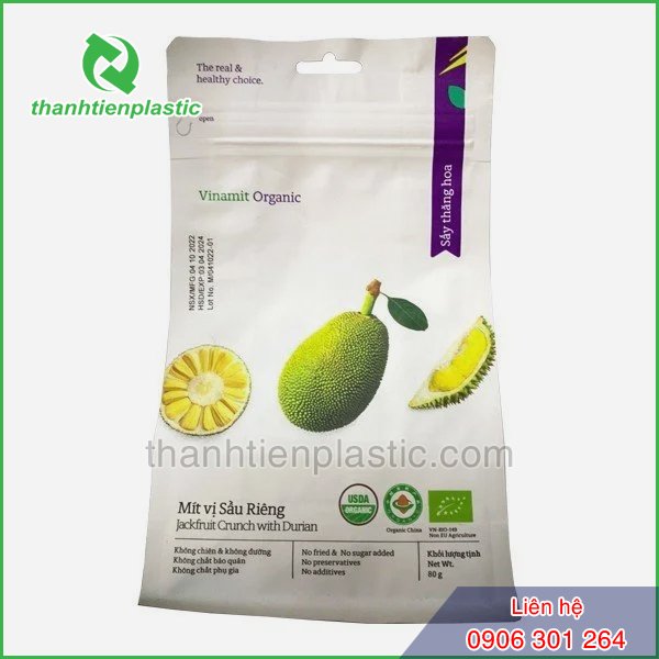 Thông tin sản phẩm mít sấy được in ấn chi tiết trên bao bì
