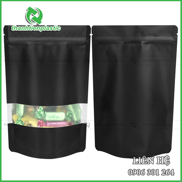 Mẫu túi zipper màu đen đáy đứng có cửa sổ