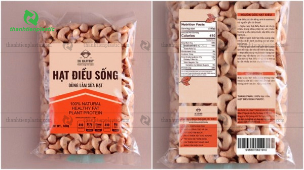 Bao bì đựng hạt điều in đầy đủ thông tin