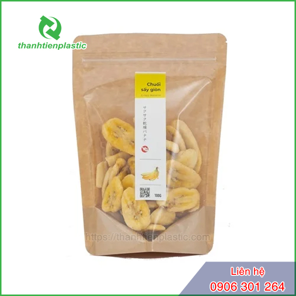 Mẫu bao bì chuối sấy dạng túi zip giấy kraft ghép màng nilon