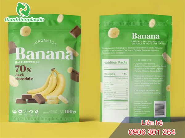 Bao bì đựng chuối sấy in ấn đầy đủ thông tin