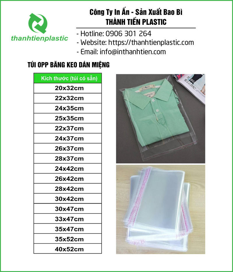 Kích thước túi OPP dán miệng chất lượng
